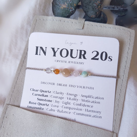 In your 20s Crystal Bracelet Gift, 20 Birthday Jewellery Gift, handmade crystal jewellery on silk cord sterling silver finish