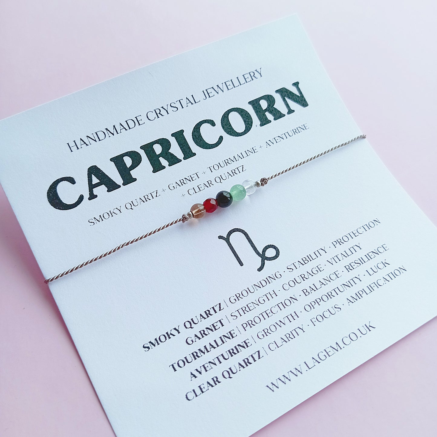 Capricorn zodiac crystal bracelet with description card