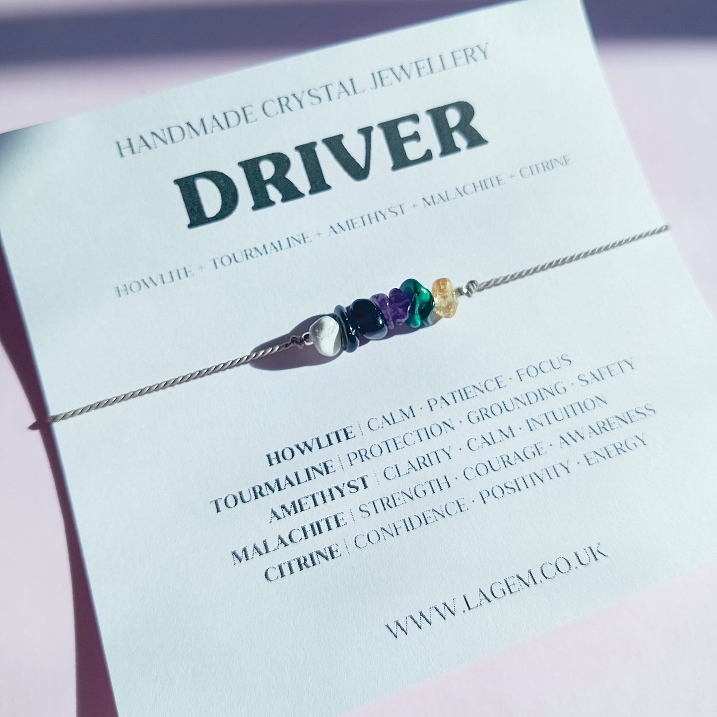 driver crystal bracelet for protection, focus & calm energy. Perfect gift for drivers UK. Handmade with natural gemstones for safe travel.
