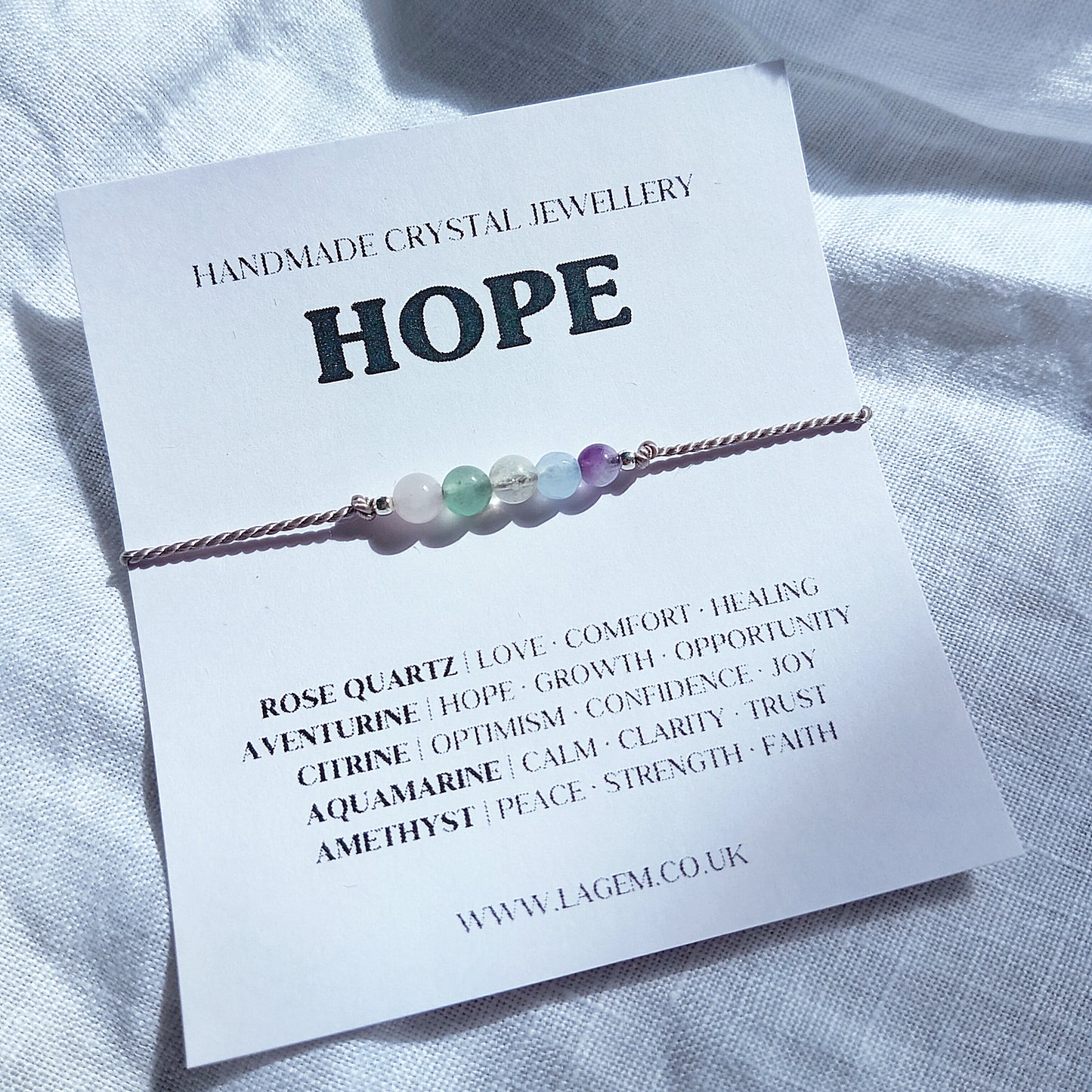Hope Crystal Bracelet Gift, minimalist silk cord jewelry, handmade gifts in UK