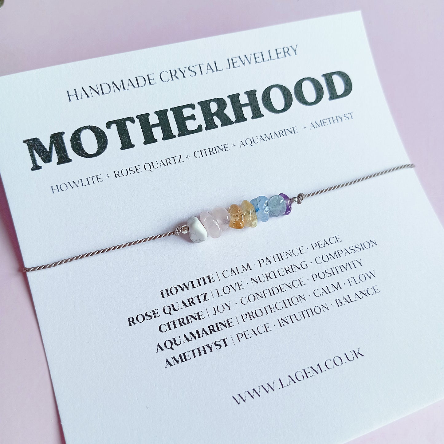 Motherhood crystal bracelet for calm, love & emotional support. Perfect gift for mum, expecting mothers, or new mums. UK jewellery.
