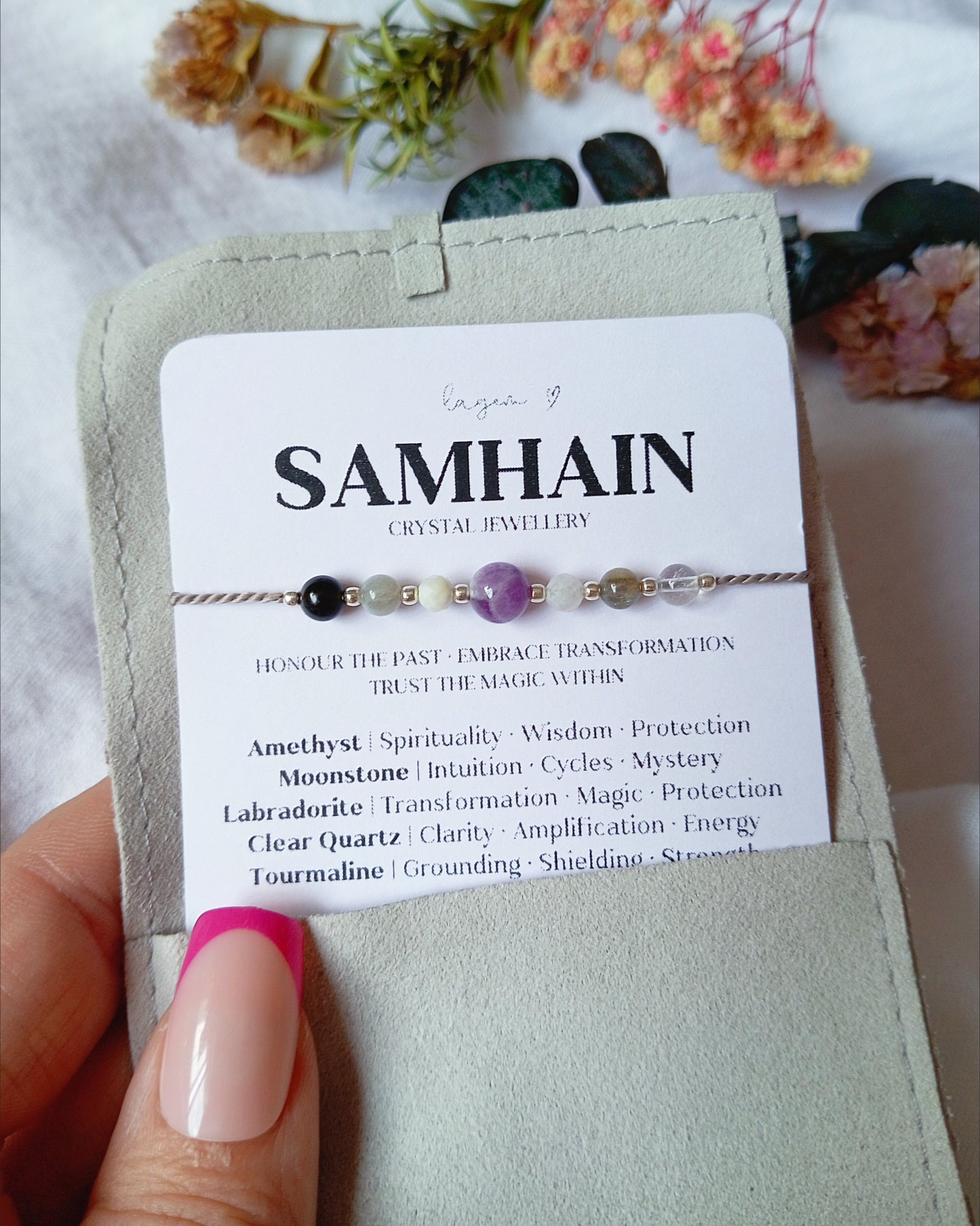 Samhain Crystal Bracelet | Protection, Intuition & Spiritual Energy, halloween crystal bracelet gift, minimalist silk jewellery