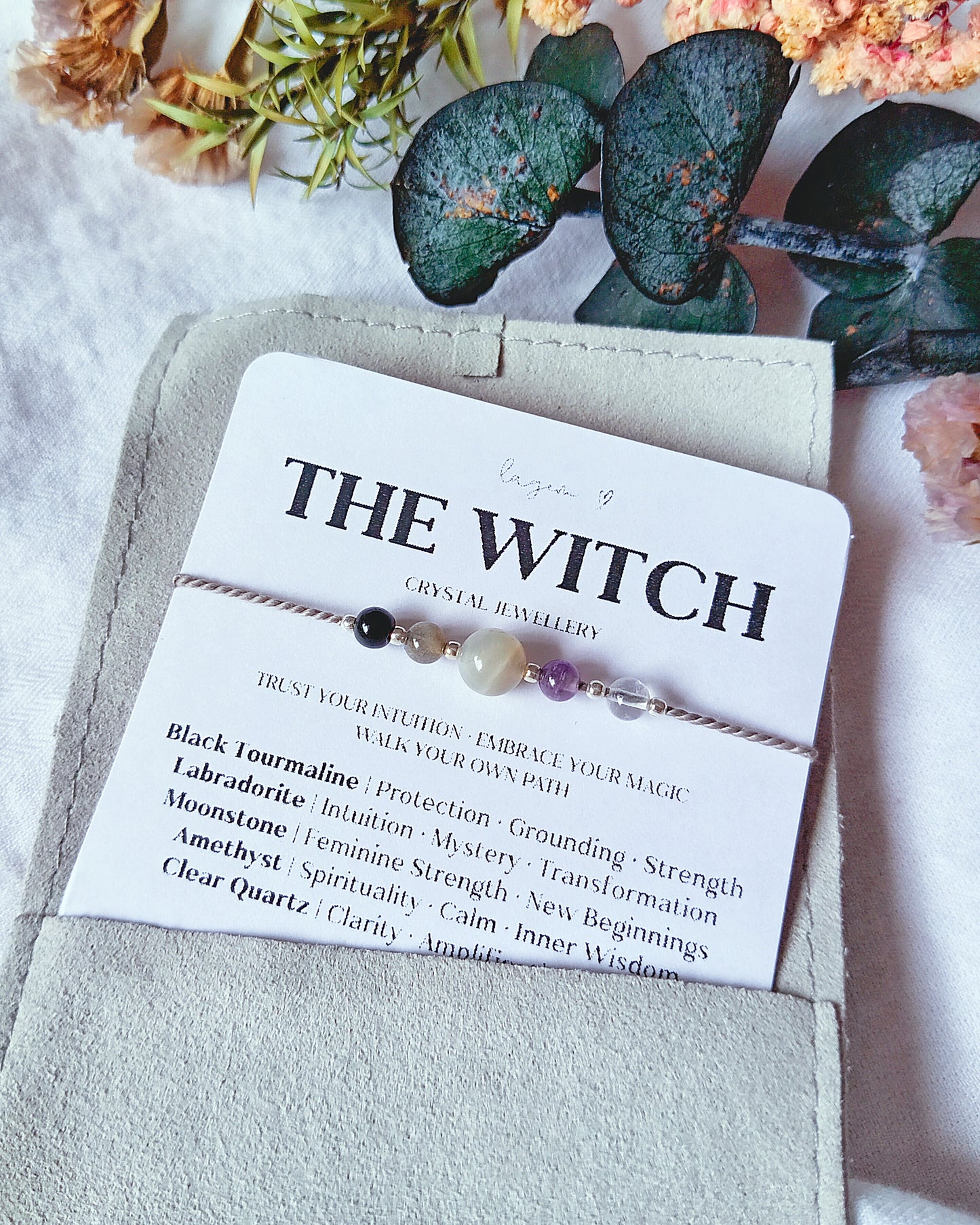 Witch Crystal Bracelet | Magic Halloween Jewellery Gift, minimalist crystal bracelet, necklace on silk cord with natural stones, handmade witchy jewellery in UK