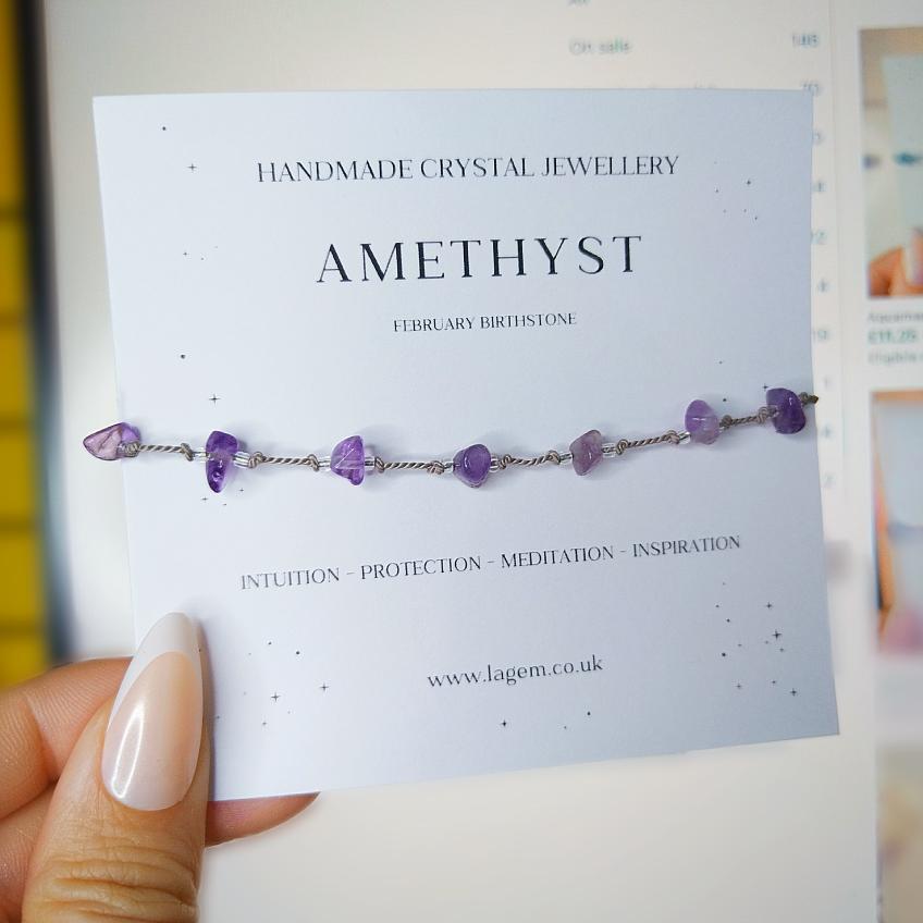 Knotted Custom Crystal Bracelet UK - Amethyst Minimalist Silk Cord Jewellery