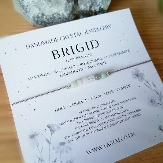 Brigid Bracelet – Hope & Renewal | Amazonite, Moonstone, Rose Quartz, Clear Quartz, Labradorite | Courage, Calm, Love, Clarity, Inspiration