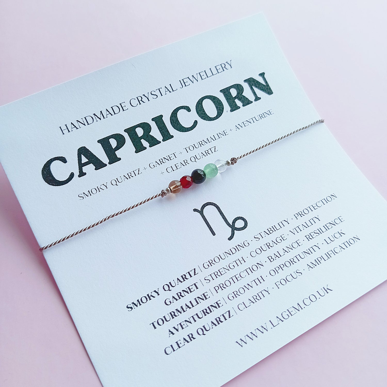 Capricorn zodiac crystal bracelet with description card