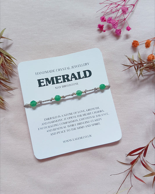 Handmade crystal bracelet with emerald stones on a branded card, handmade crystal jewellery in UK lagem