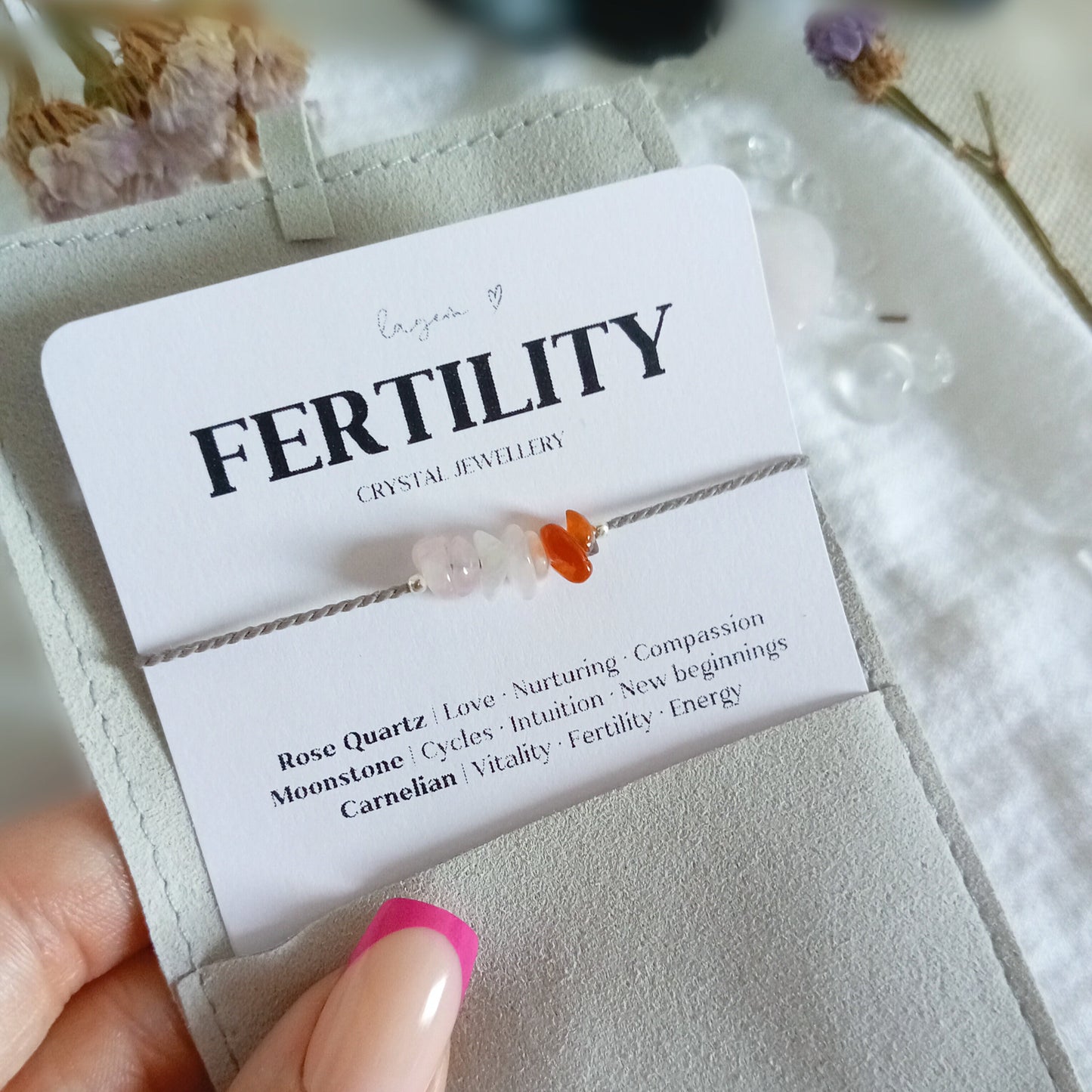 Fertility Crystal Bracelet UK – TTC, IVF & ICSI Support | Carnelian, Moostone, Garnet &amp; Rose Quartz