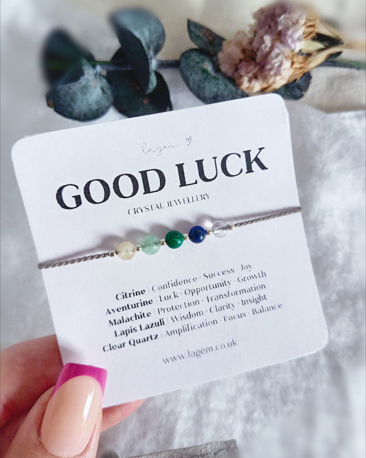 Good Luck Crystal Bracelet, thoughtfully designed with an uplifting blend of natural gemstones: Citrine, Green Aventurine, Malachite, Lapis Lazuli, and Clear Quartz. ✦
