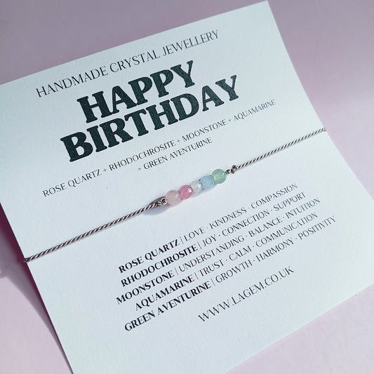 Happy Birthday Crystal Bracelet, minimalist silk cord handmade jewellery UK