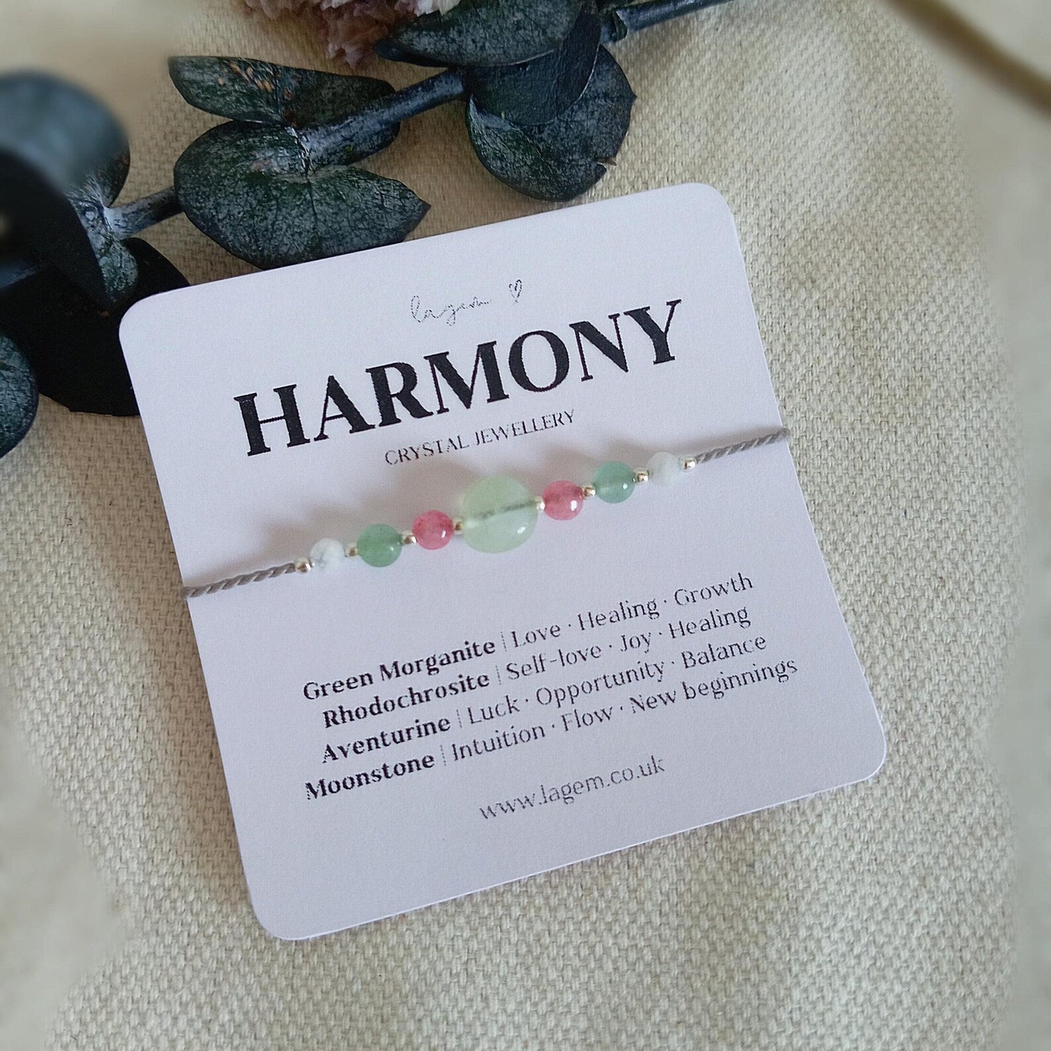 Harmony Crystal Bracelet | Green Morganite Rhodochrosite Aventurine Moonstone