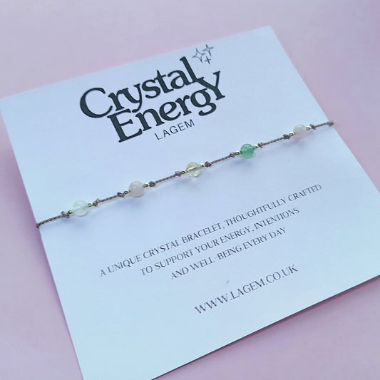 Crystal energy bracelet on a branded card with a pink background
