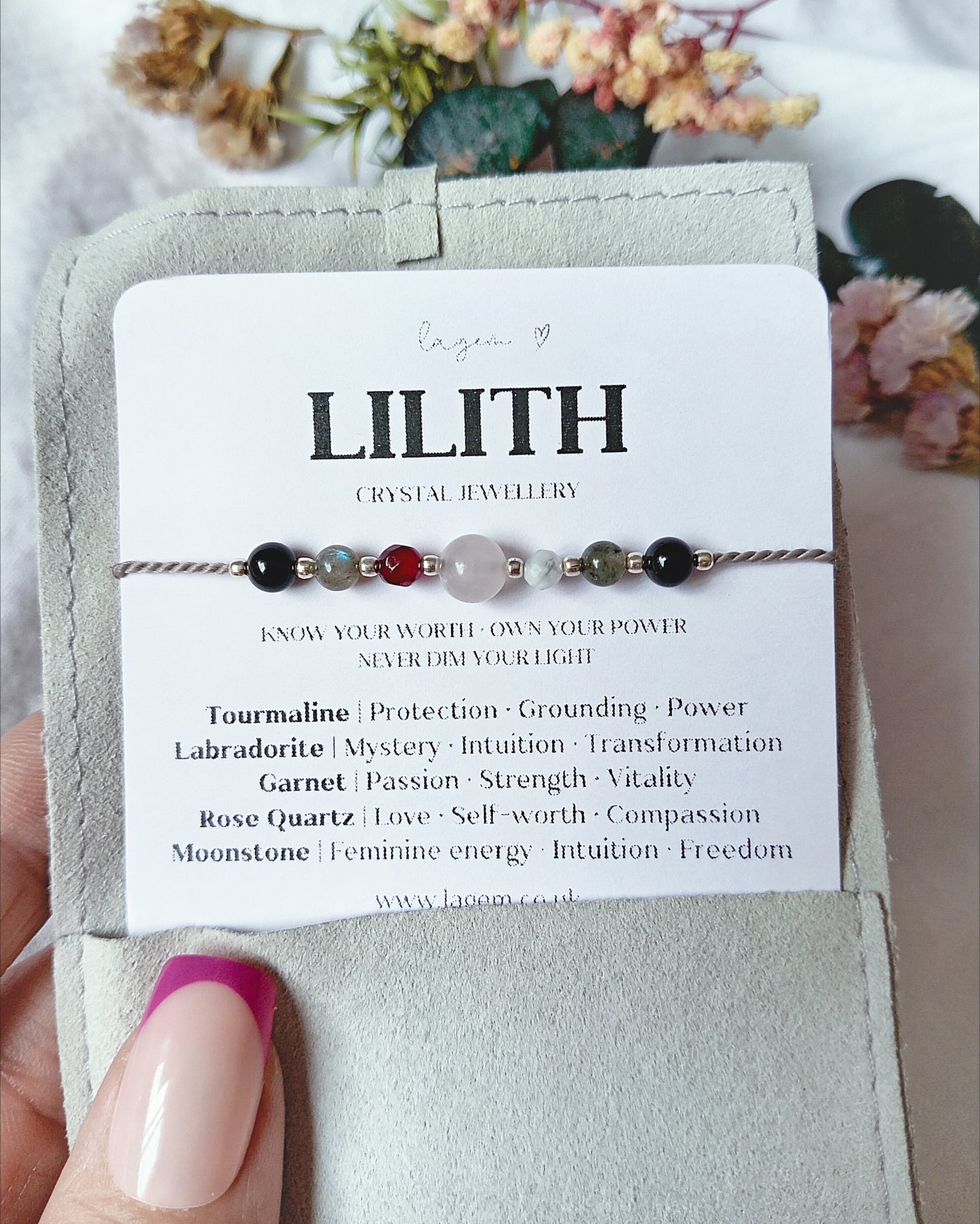 A powerful and mystical crystal bracelet inspired by **Lilith** — a symbol of feminine power, independence, intuition and freedom. ✦ Handmade gemstone jeweller on silk cord
