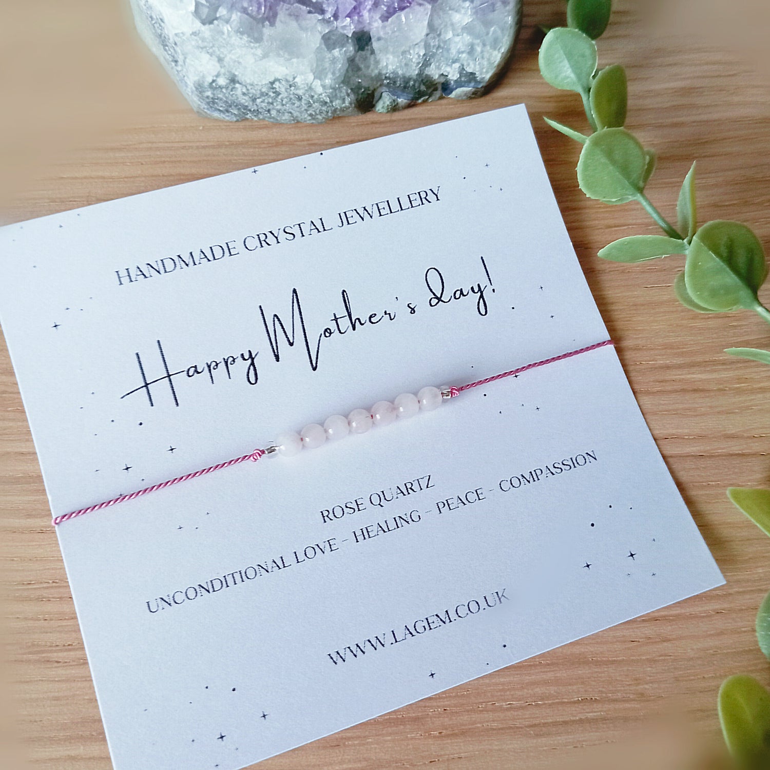 Handmade crystal bracelet with a 'Happy Mother's Day!' description card
