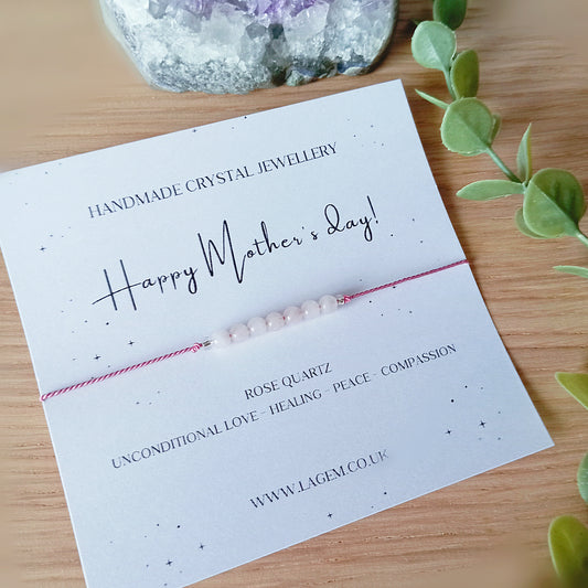 Handmade crystal bracelet with a 'Happy Mother's Day!' description card