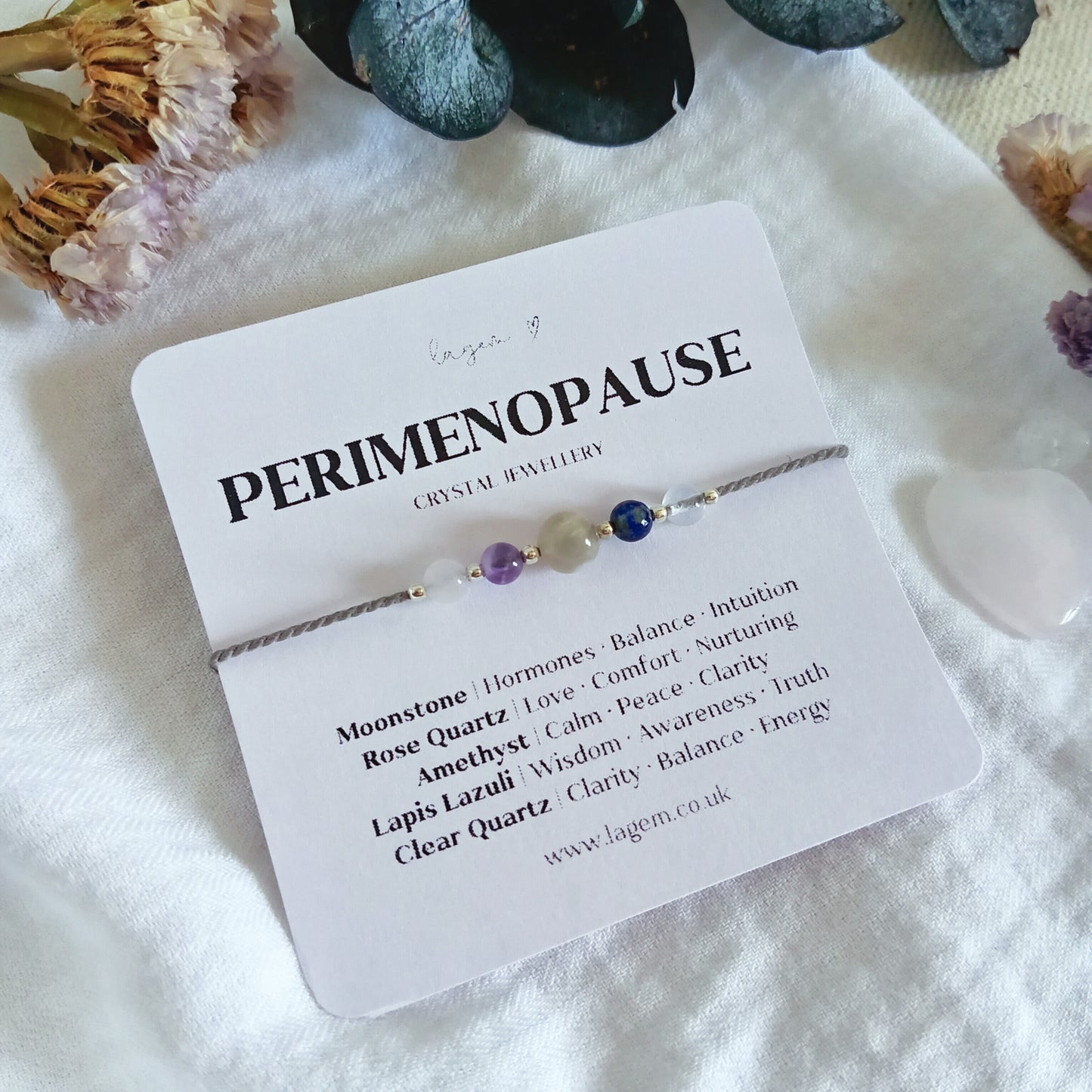 Perimenopause Crystal Bracelet, Self Care Support Bracelet for Women, Midlife Gift for Women dainty silk cord jewelery sterling silver finish