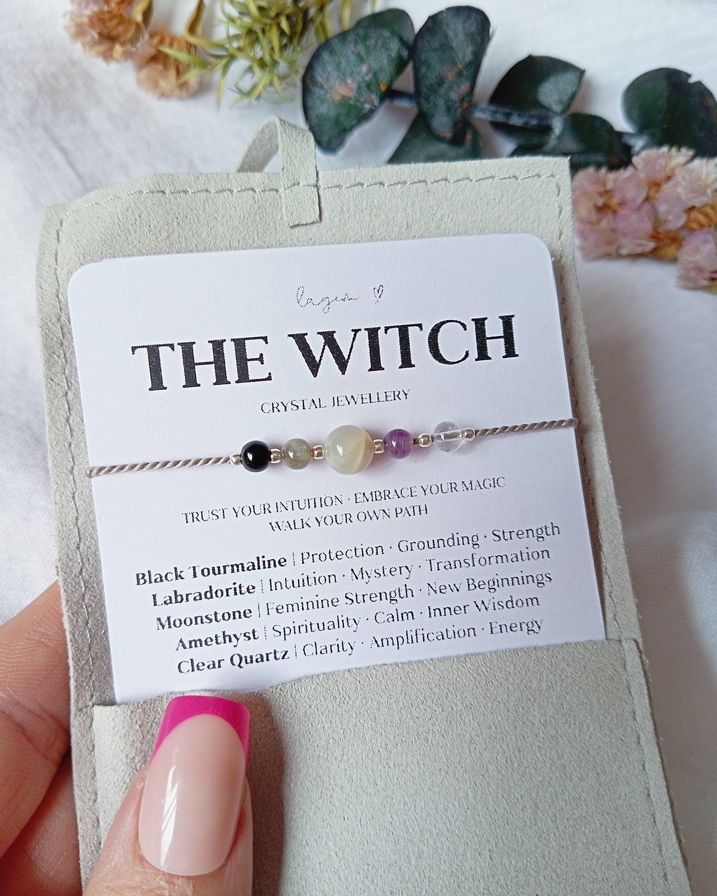 Witch Crystal Bracelet | Magic Halloween Jewellery Gift, minimalist crystal bracelet, necklace on silk cord with natural stones, handmade witchy jewellery in UK