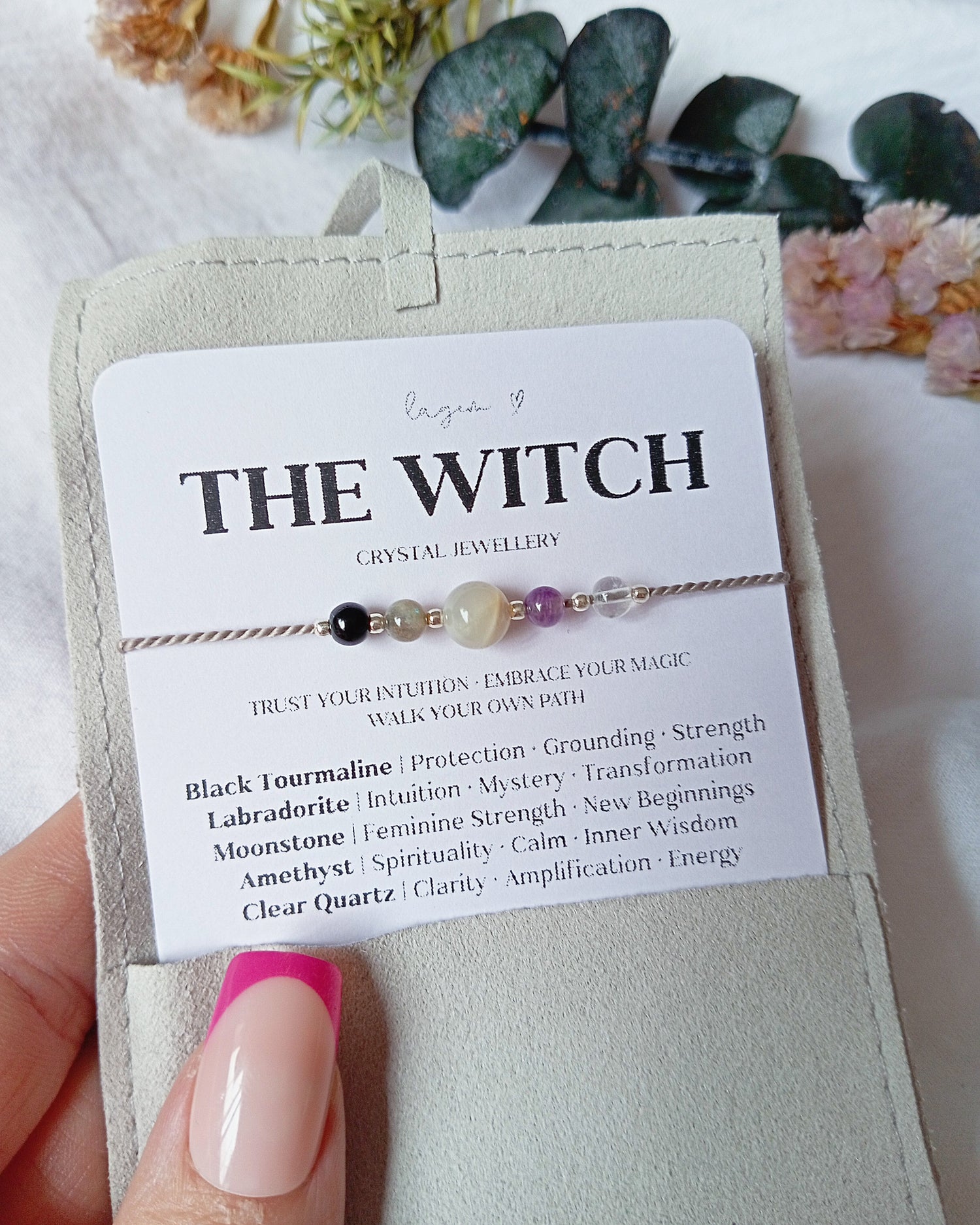 Witch Crystal Bracelet | Magic Halloween Jewellery Gift, minimalist crystal bracelet, necklace on silk cord with natural stones, handmade witchy jewellery in UK