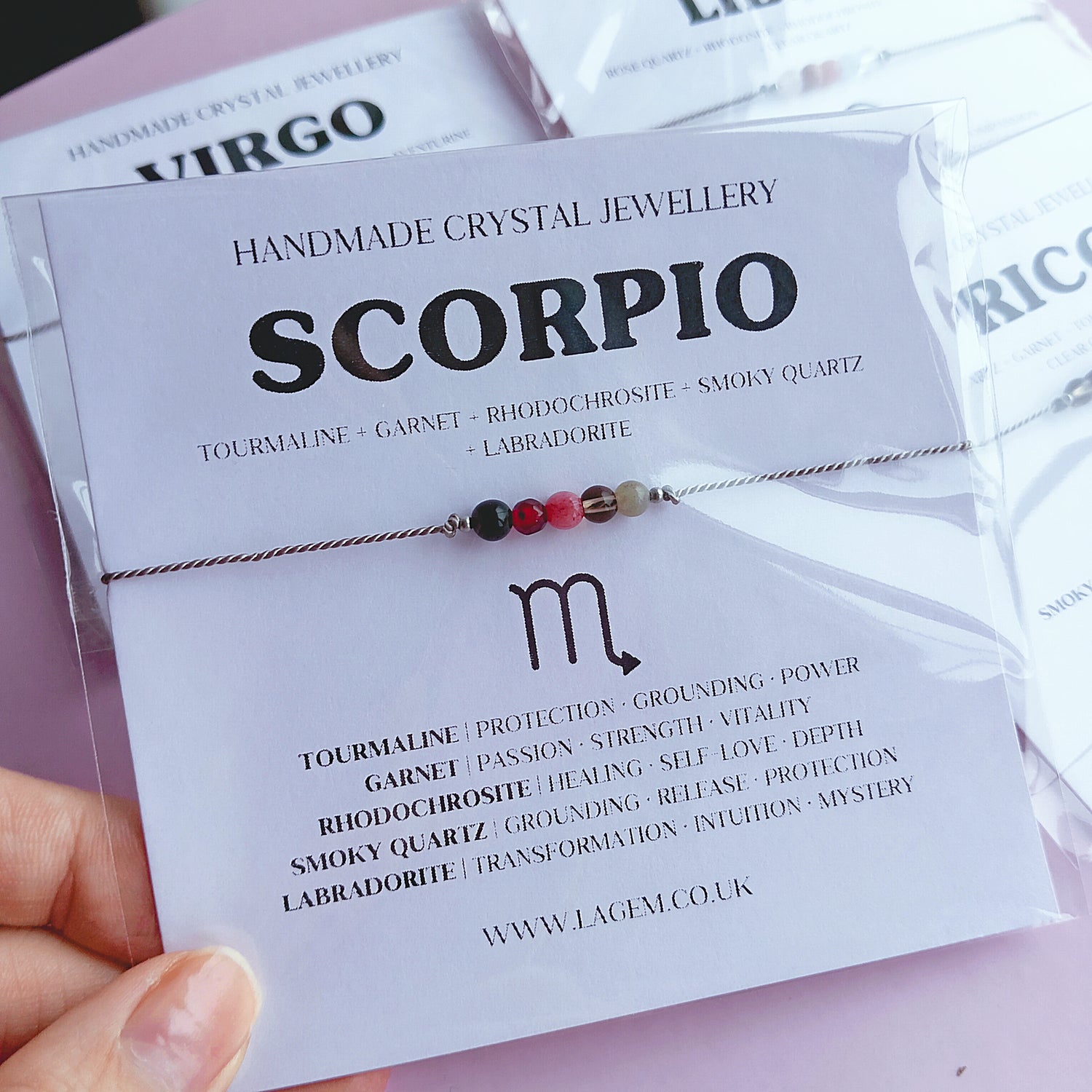 Zodiac crystal bracelet for scorpio, minimalist silk cord on description card