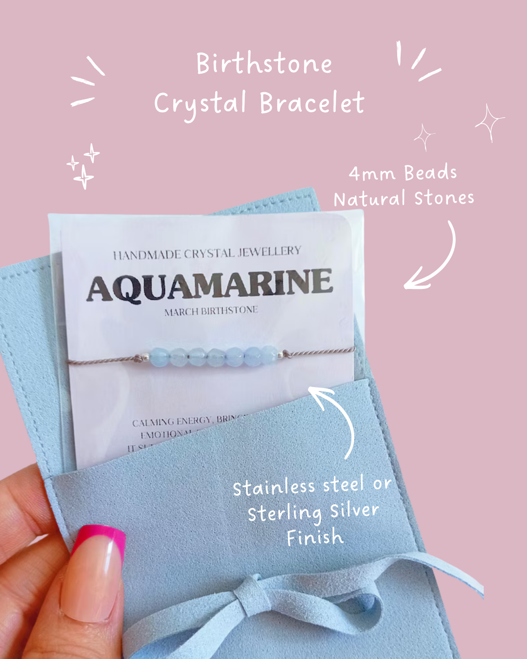 aquamarine 4mm beads, dainty silk cord bracelet, march birthstone 