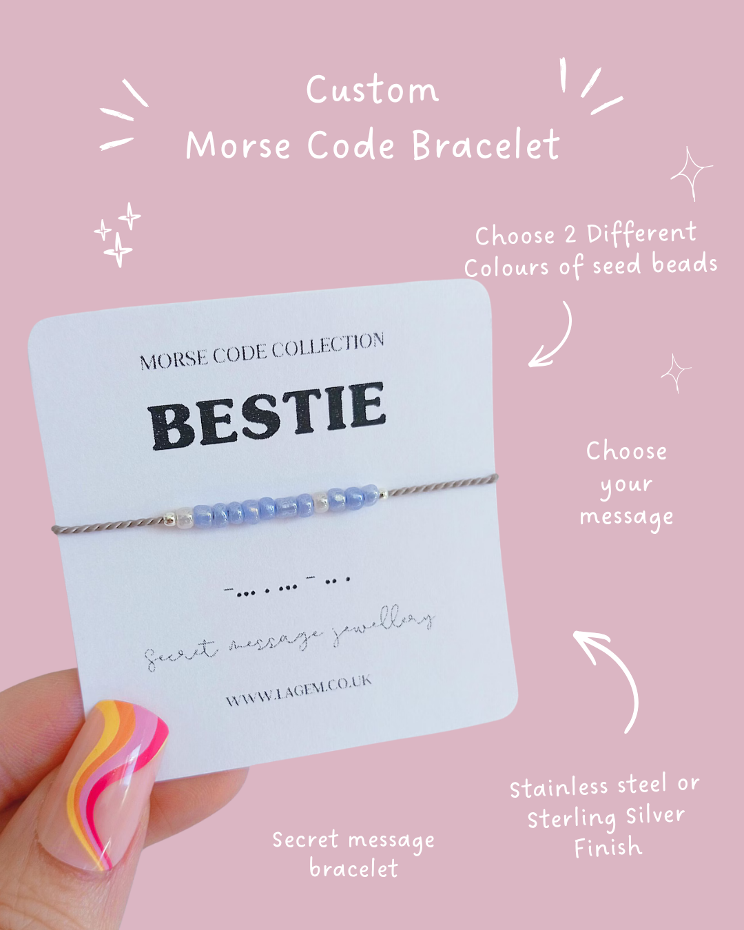 Bestie bracelet Custom morse code bracelet, dainty silk cord jewellery with sterling silver finish. Handmade Jewellery UK