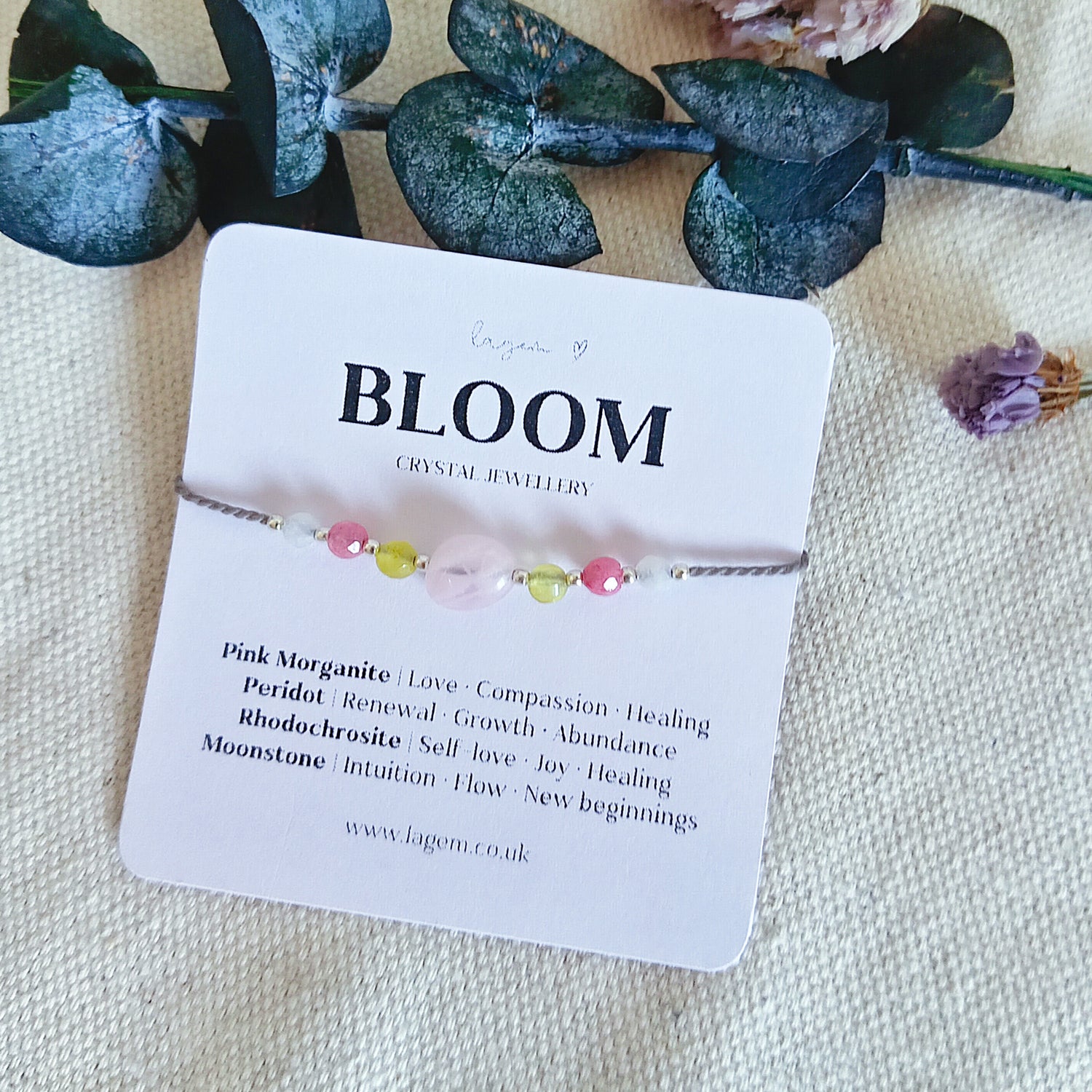 Bloom Crystal Bracelet for New Beginning, Pink Morganite Peridot Rhodochrosite Moonstone Jewellery