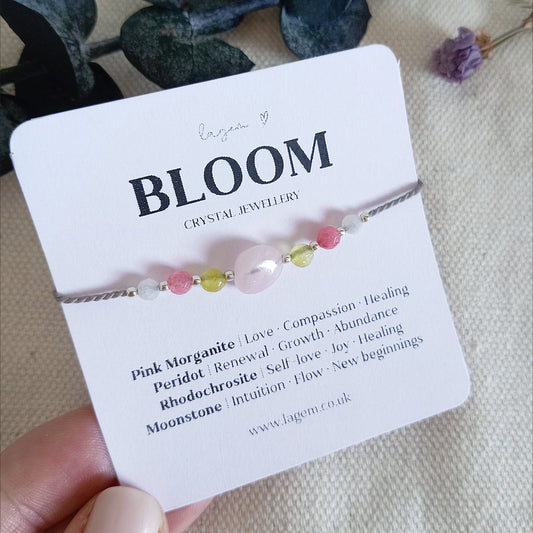 Bloom Crystal Bracelet for New Beginning, Pink Morganite Peridot Rhodochrosite Moonstone Jewellery