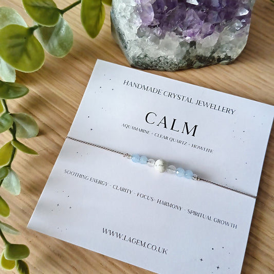 handmade crystal bracelet with calming stones - aquamarine and howlite on silk cord