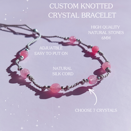 Handcrafted custom crystal bracelet UK with 4mm natural gemstones. Personalise your own intention bracelet or choose a ready-made set. Ideal for self-care, mindfulness & gifts.