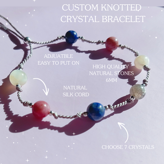 Handmade Custom 6mm crystal bracelet UK. Personalise with up to 7 natural gemstones for self-care, intention, or energy alignment. Perfect gift for mindfulness & empowerment.