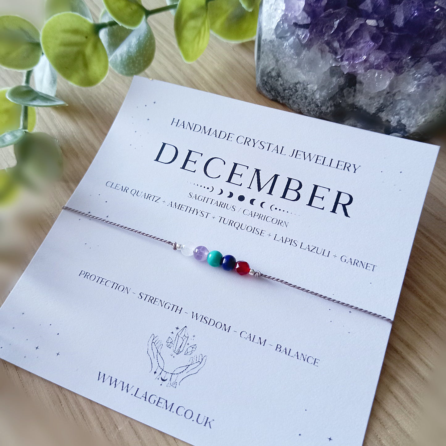 december crystal bracelet, minimalist silk cord bracelet for sagittarius and capricorn birthday