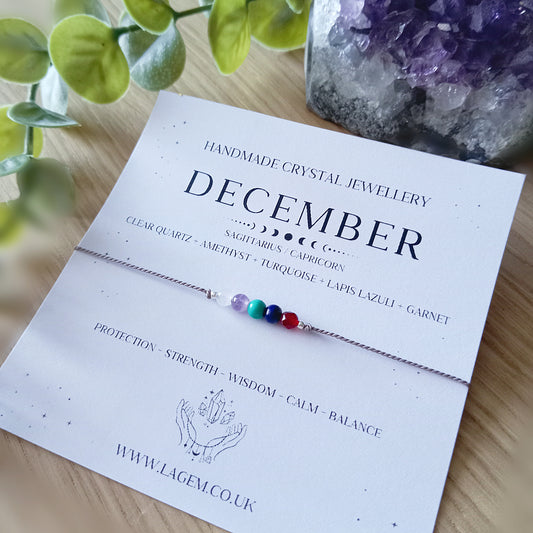 december crystal bracelet, minimalist silk cord bracelet for sagittarius and capricorn birthday