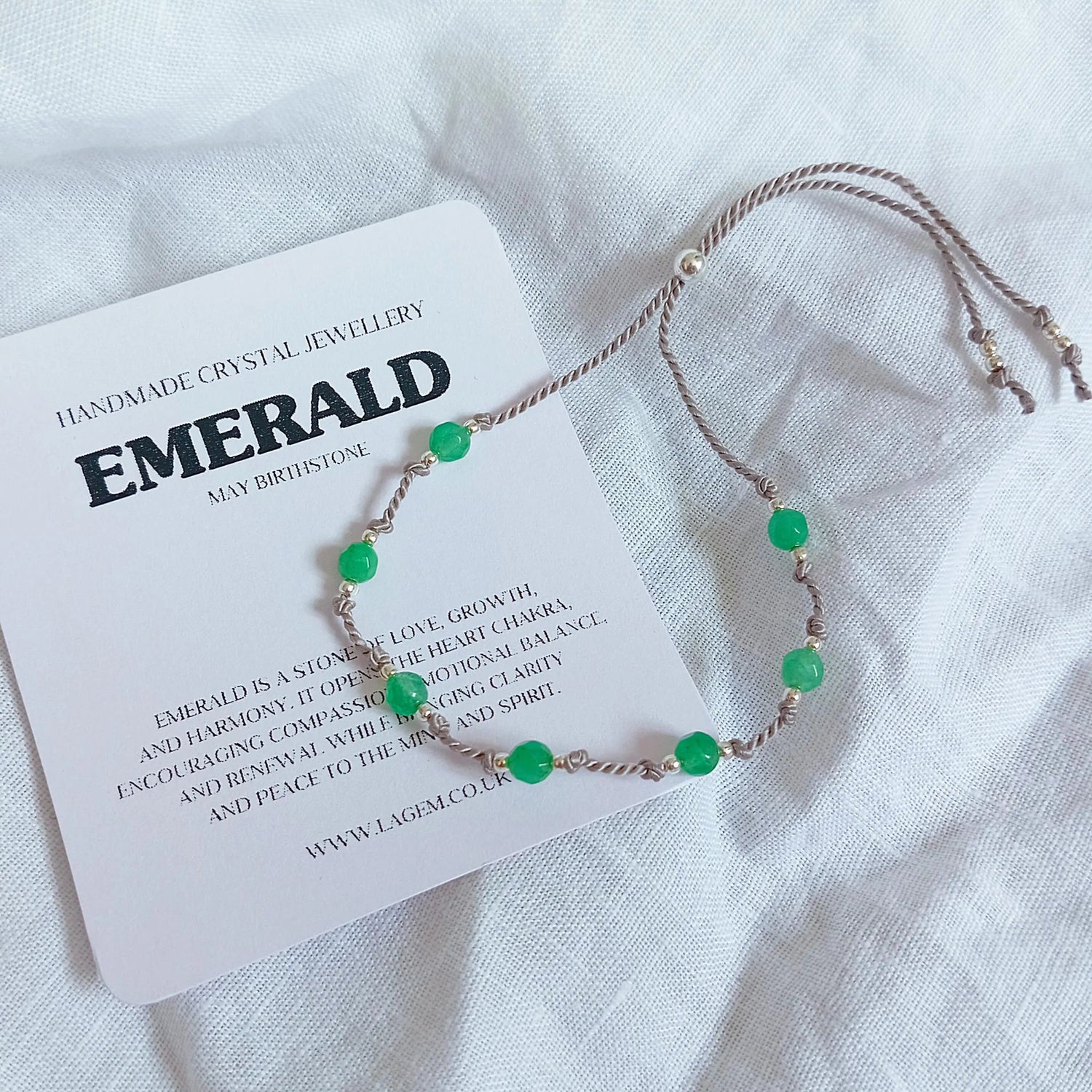 Emerald crystal bracelet, may birthstone, custom crystal bracelet, knotted silk cord jewellery UK
