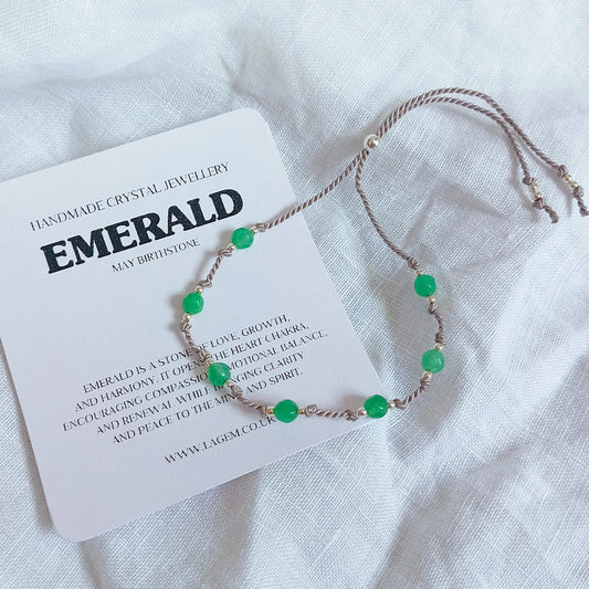 Emerald crystal bracelet, may birthstone, custom crystal bracelet, knotted silk cord jewellery UK