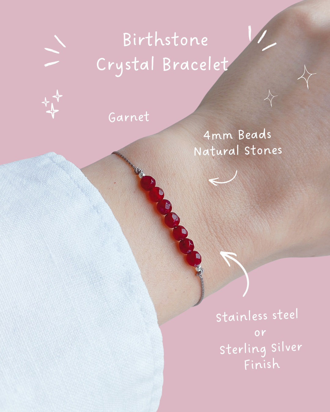 garnet crystal bracelet, dainty silk cord handmade jewellery uk