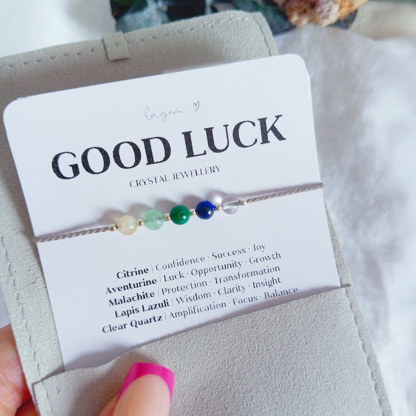 handcrafted Good Luck Crystal Bracelet, thoughtfully designed with an uplifting blend of natural gemstones: Citrine, Green Aventurine, Malachite, Lapis Lazuli, and Clear Quartz. ✦
