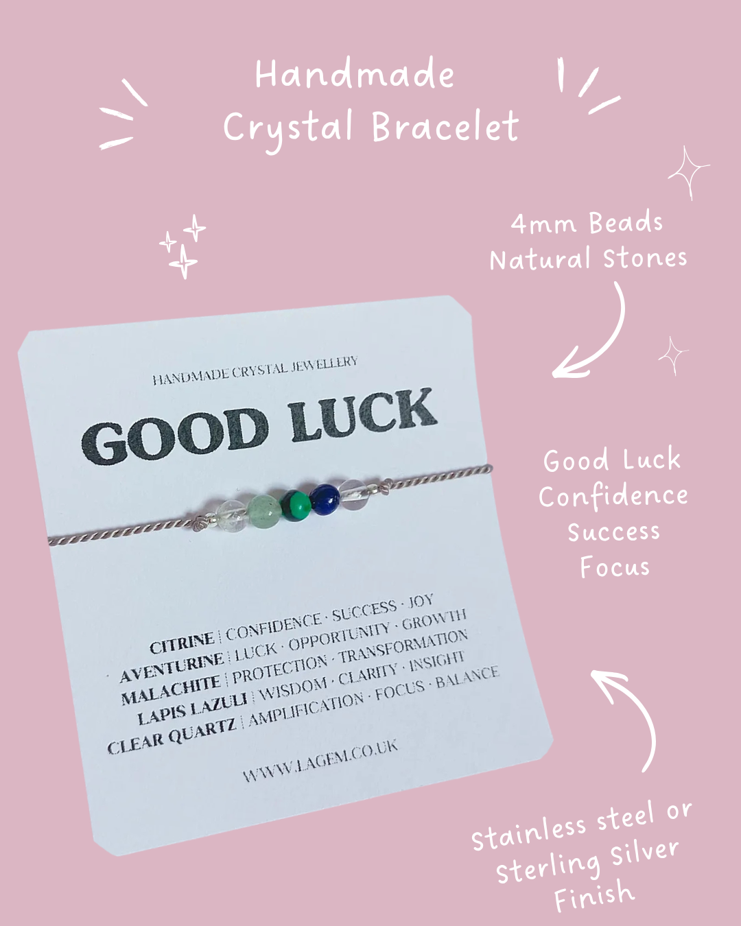 Good Luck Crystal Bracelet, exam gift, student gift, minimalist silk cord jewellery