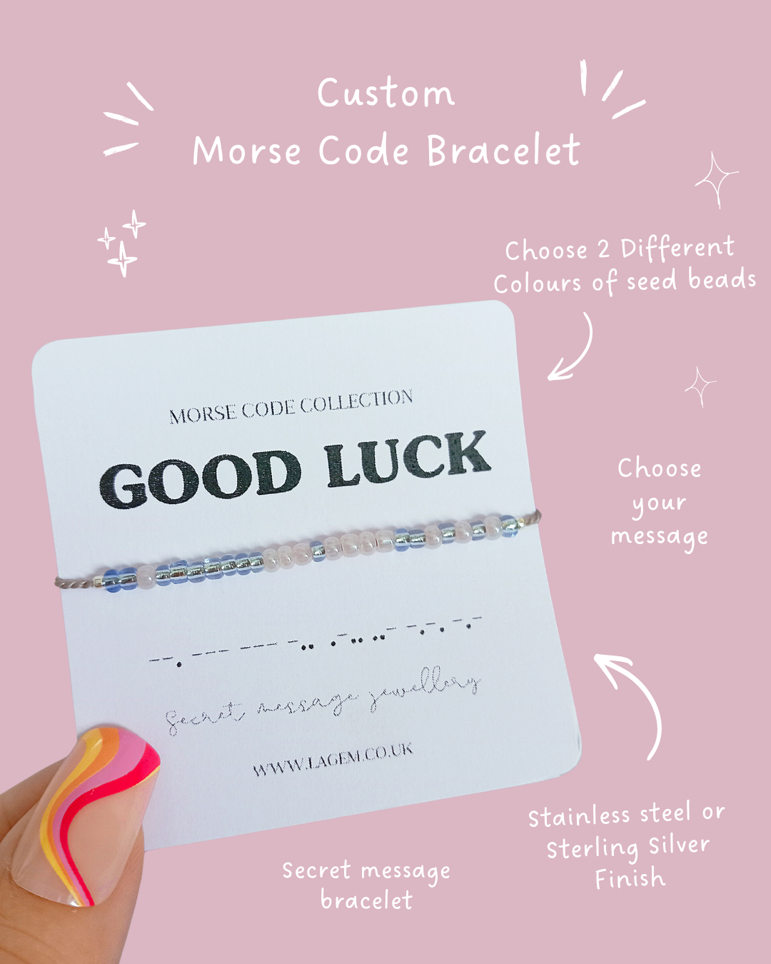 Custom morse code bracelet, dainty silk cord jewellery with sterling silver finish. Handmade Jewellery UK