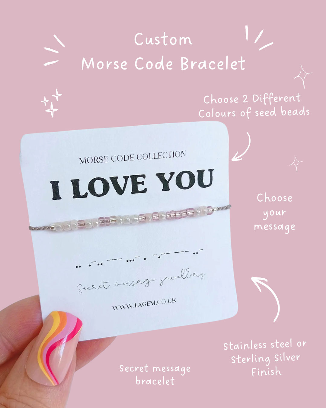 I love you bracelet Custom morse code bracelet, dainty silk cord jewellery with sterling silver finish. Handmade Jewellery UK