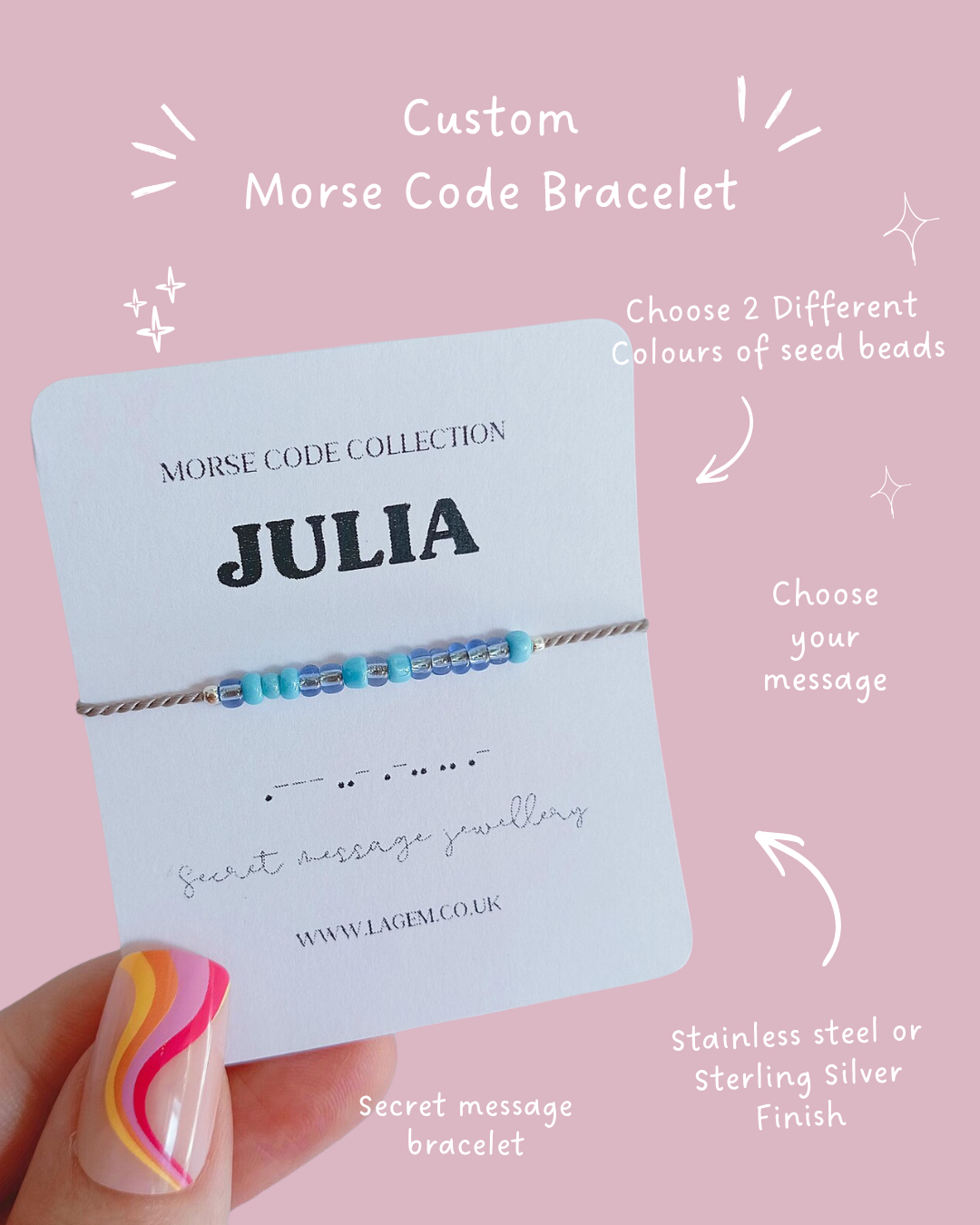 Name bracelet Custom morse code bracelet, dainty silk cord jewellery with sterling silver finish. Handmade Jewellery UK