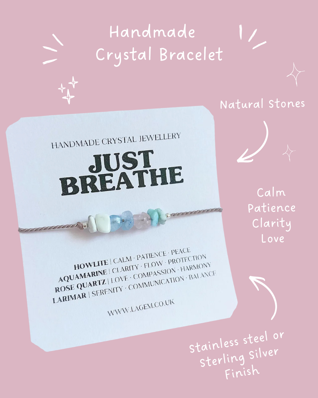 Just Breathe Crystal Bracelet UK – Calming &amp; Anxiety Relief Jewellery | Howlite, Aquamarine, Rose Quartz &amp; Larimar