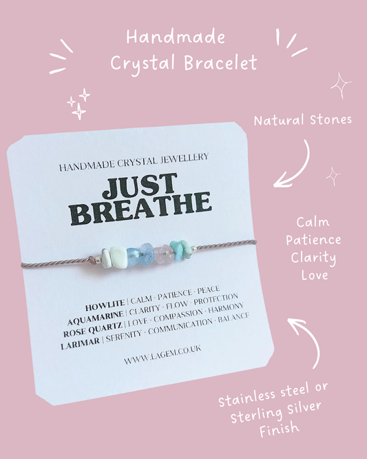 Just Breathe Crystal Bracelet UK – Calming &amp; Anxiety Relief Jewellery | Howlite, Aquamarine, Rose Quartz &amp; Larimar