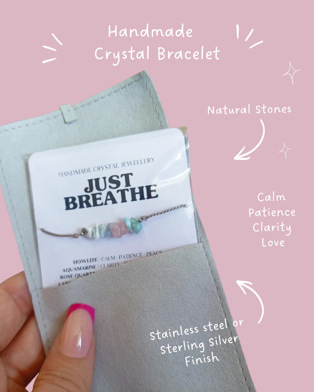 Just Breathe Crystal Bracelet UK – Calming &amp; Anxiety Relief Jewellery | Howlite, Aquamarine, Rose Quartz &amp; Larimar
