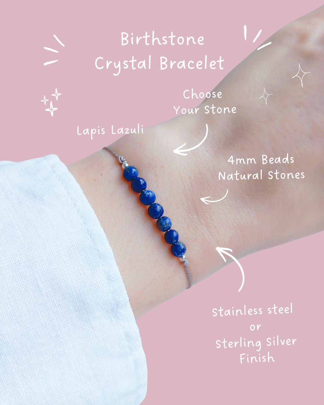 Lapis lazuli crystal bracelet on a wrist with product details on a pink background