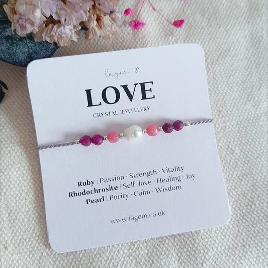 love crystal bracelet, love spell necklace, pearl ruby silk jewellery UK