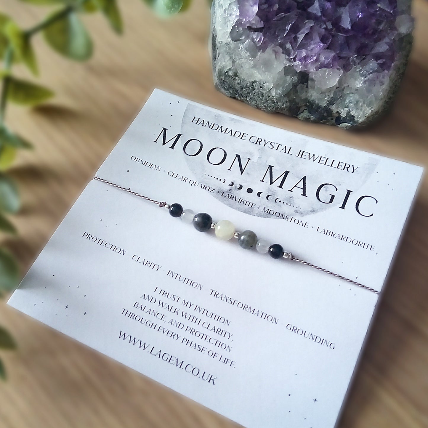 moon magic dainty silk crystal bracelet with description card, witchy magical handmade jewellery in UK lagem