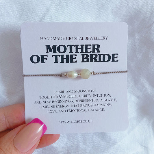Pearl bracelet on a card labeled 'Mother of the Bride'  wedding jewellery handmade bracelet