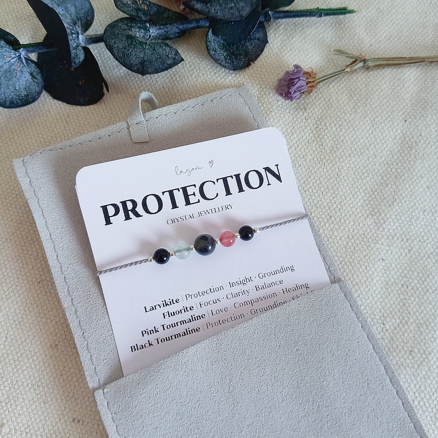 Protection Crystal Bracelet, Black Tourmaline Fluorite Larvikite Pink Tourmaline