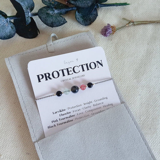 Protection Crystal Bracelet, Black Tourmaline Fluorite Larvikite Pink Tourmaline