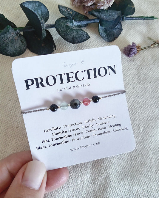 Protection Crystal Bracelet, Black Tourmaline Fluorite Larvikite Pink Tourmaline, Grounding Shielding Healing Bracelet, Gift for Her